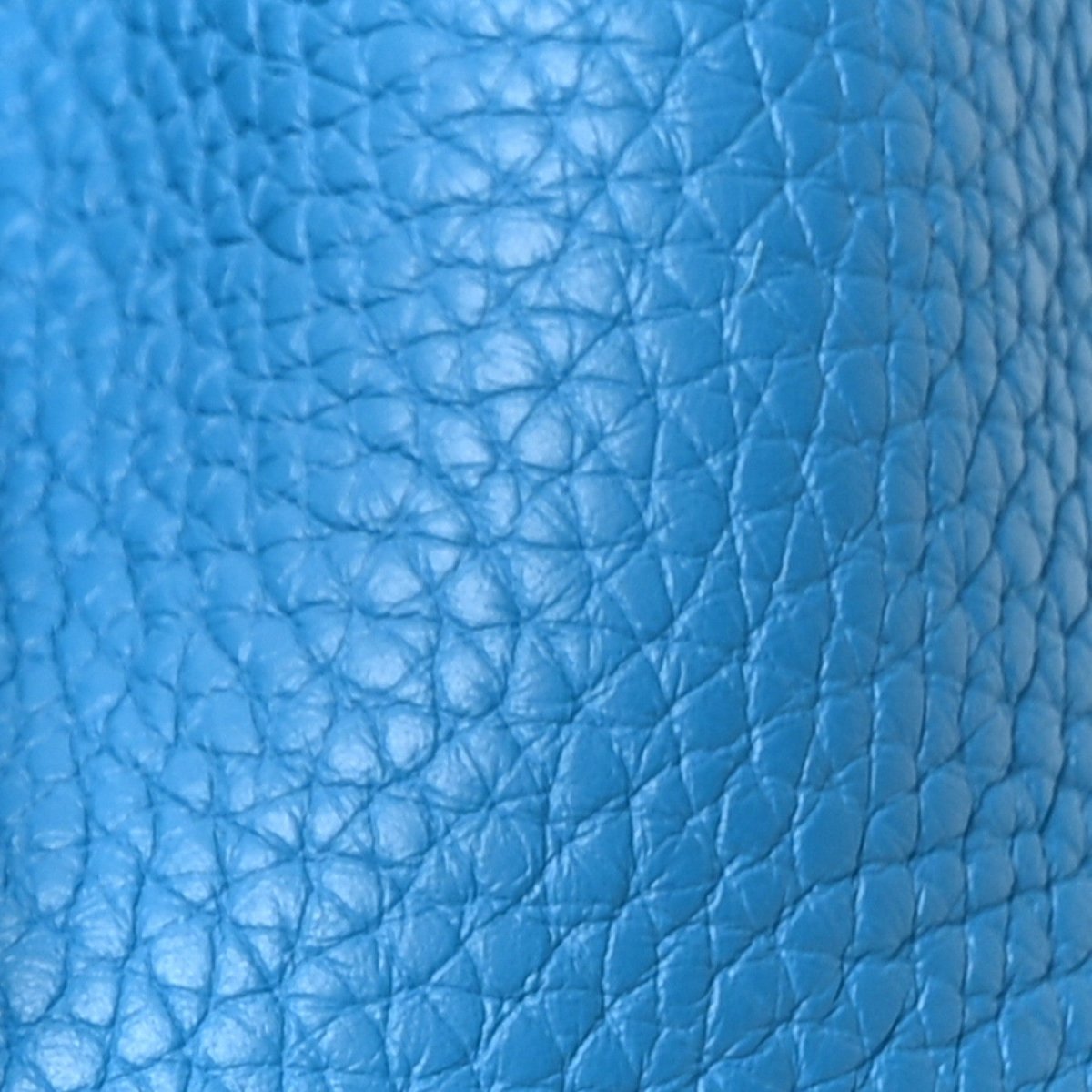 Blue pebbled leather close-up with crisscross texture and faint embossed text