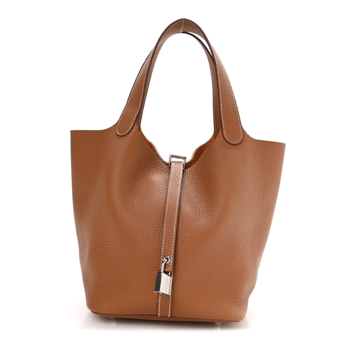 Tan leather mini tote with vertical lock closure and two top handles