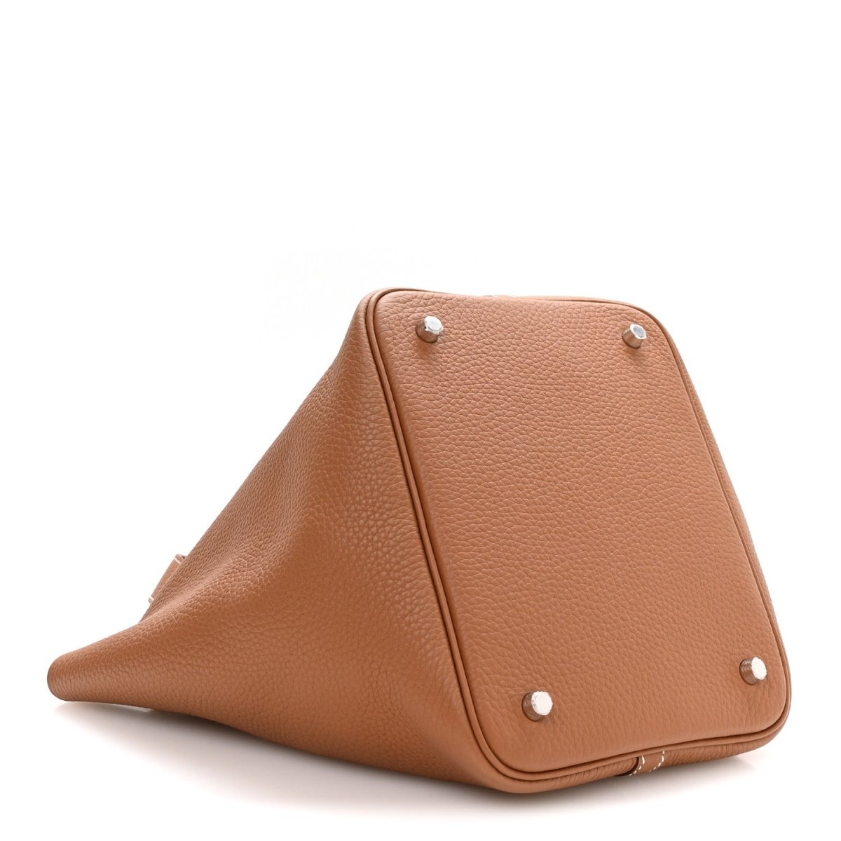 Tan triangular leather mini tote with metal feet and corner snap studs