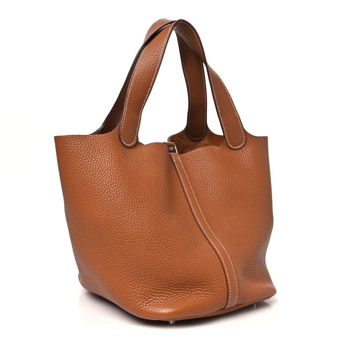 Golden brown leather tote bag with side seam detail and top handles