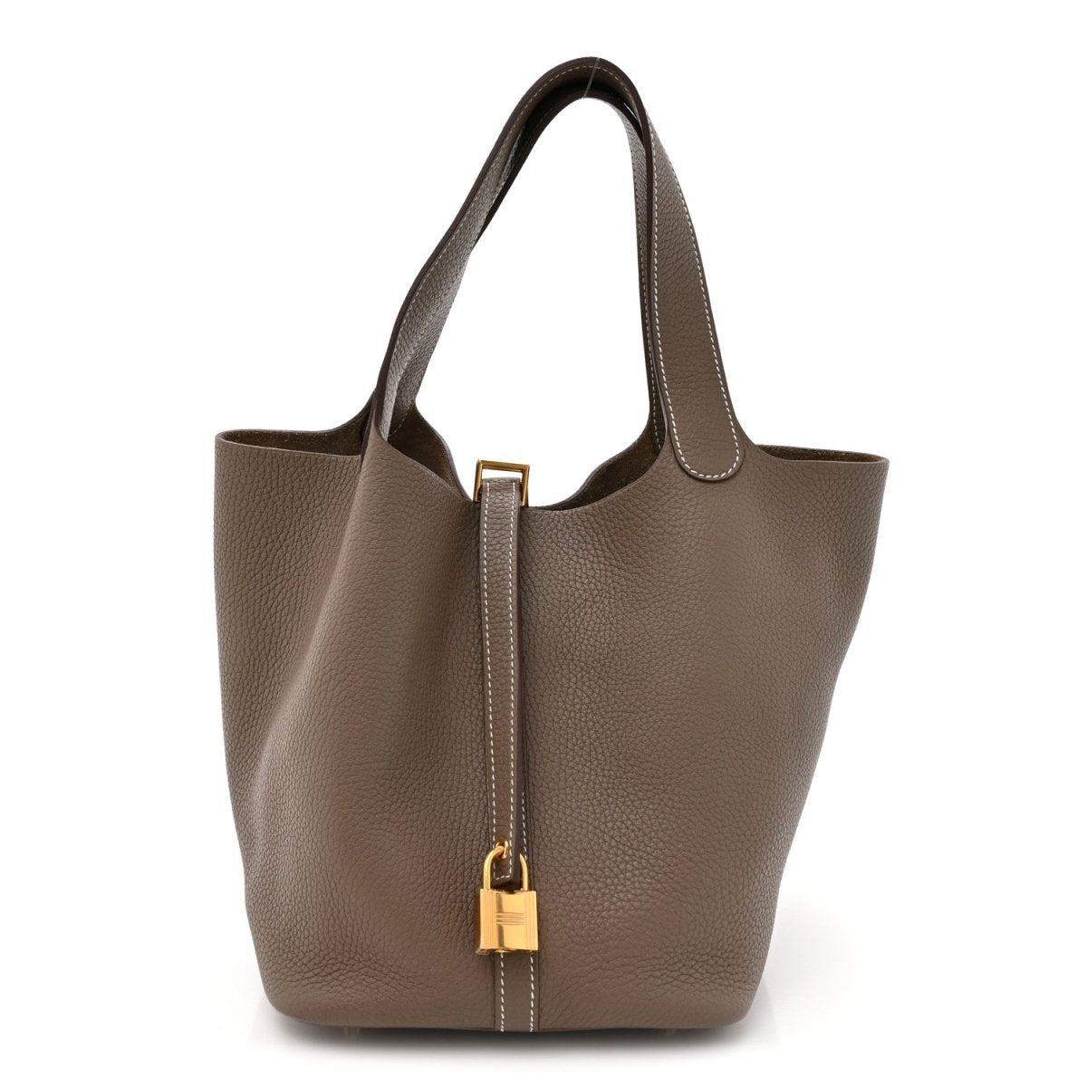 Taupe leather tote bag with gold lock and top handles