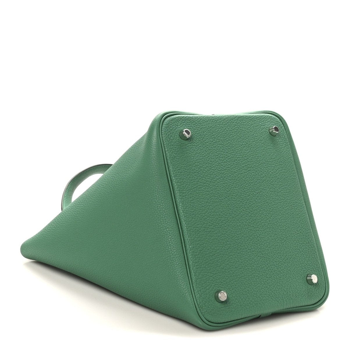 Green leather tote bag with triangular base and metal snap hardware