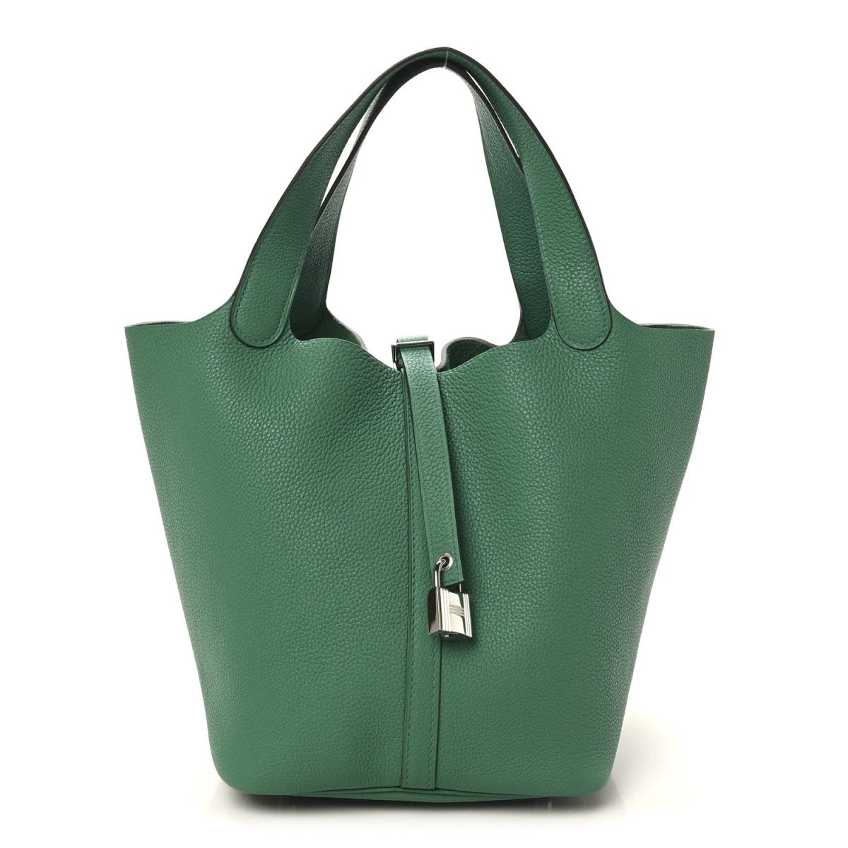 Green leather tote bag with top handles and center zip lock detail