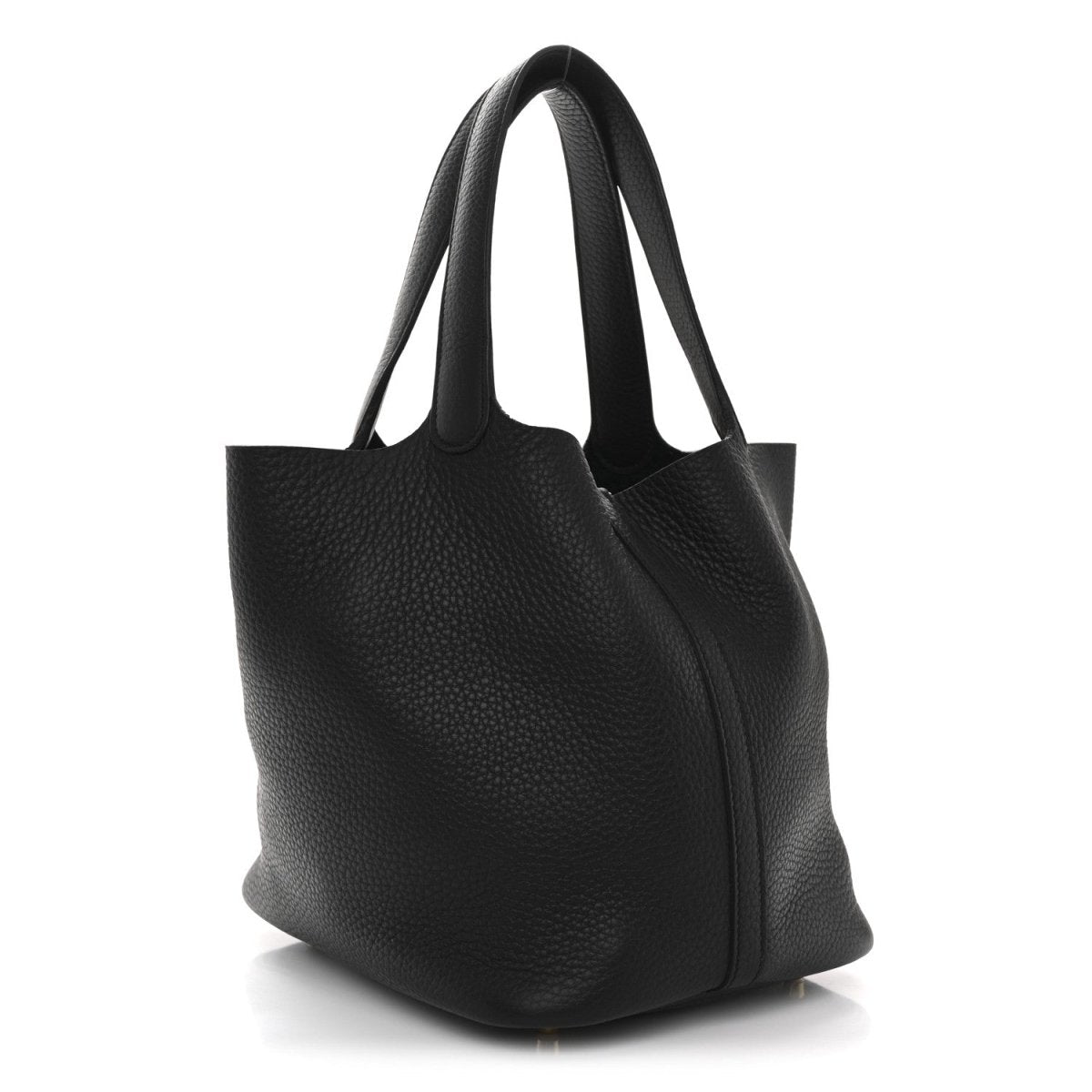 Black leather tote bag with textured grain, curved handles, and zip lock closure.