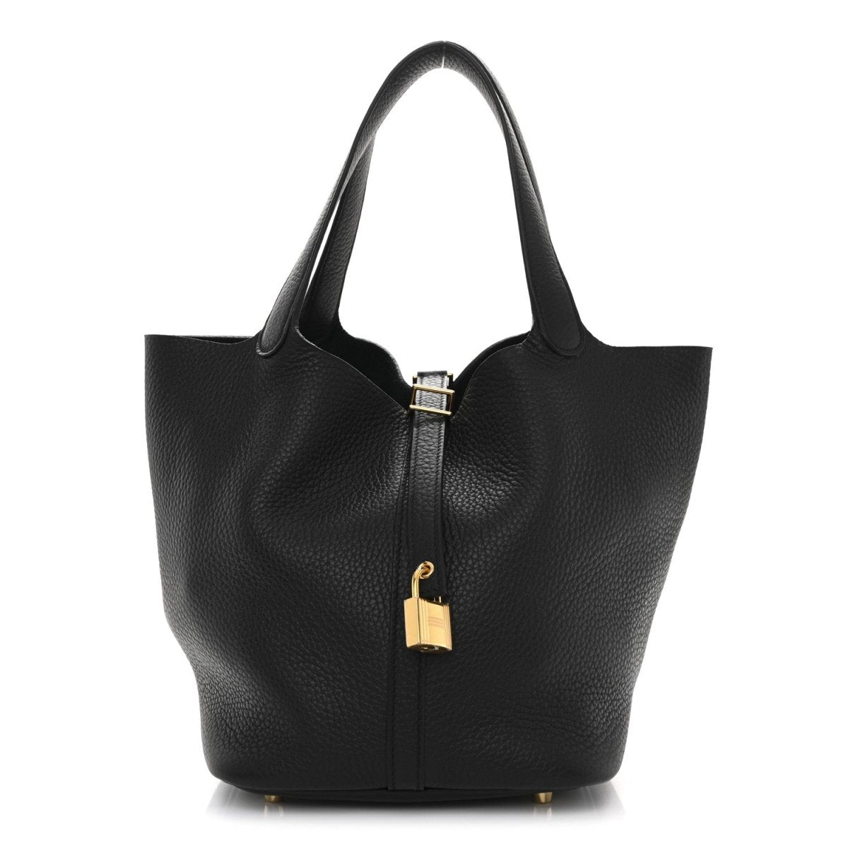 Black leather tote bag with zip lock and gold-tone hardware, structured silhouette.