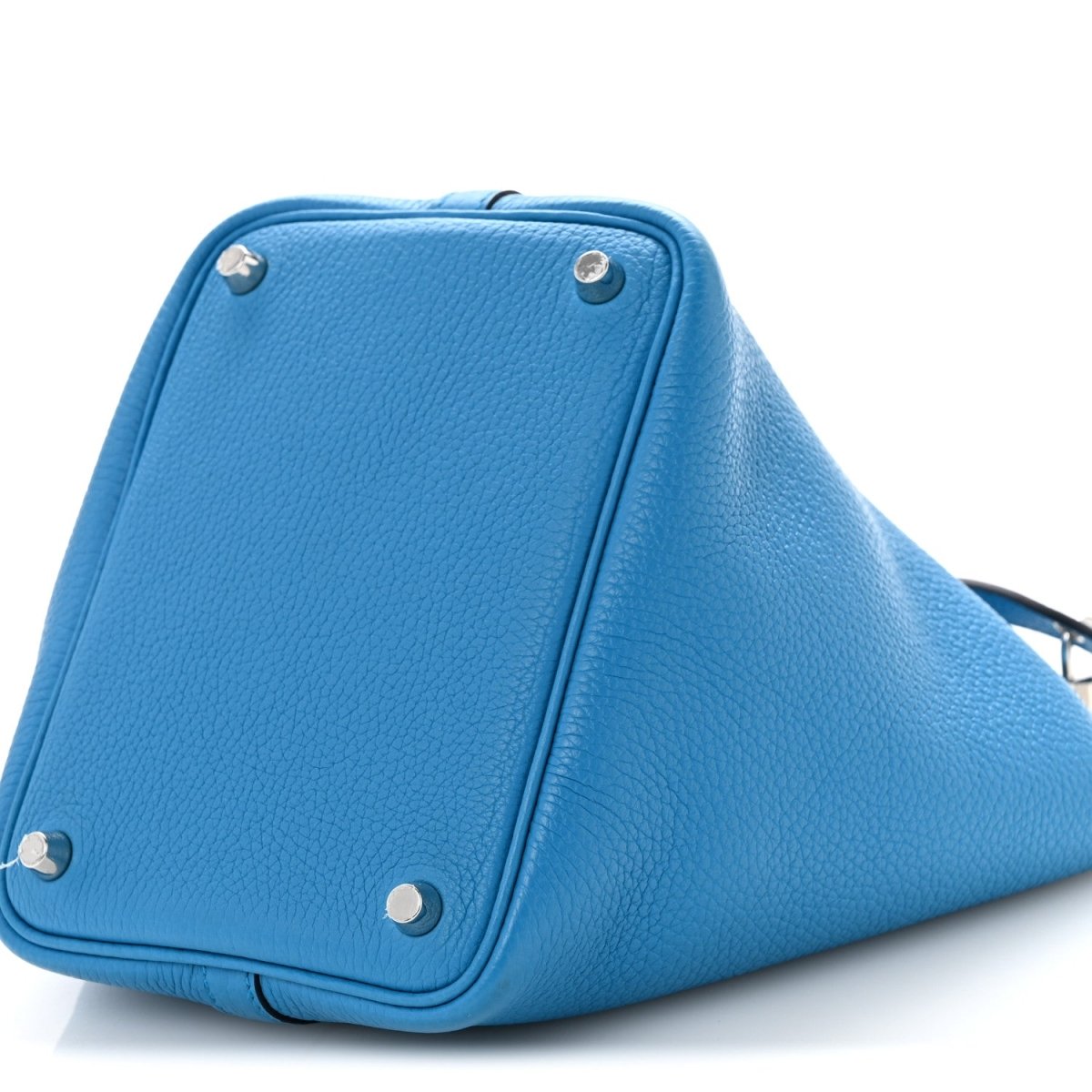 Picotin Lock 18 PM handbag in blue leather with top handle and metal corner studs