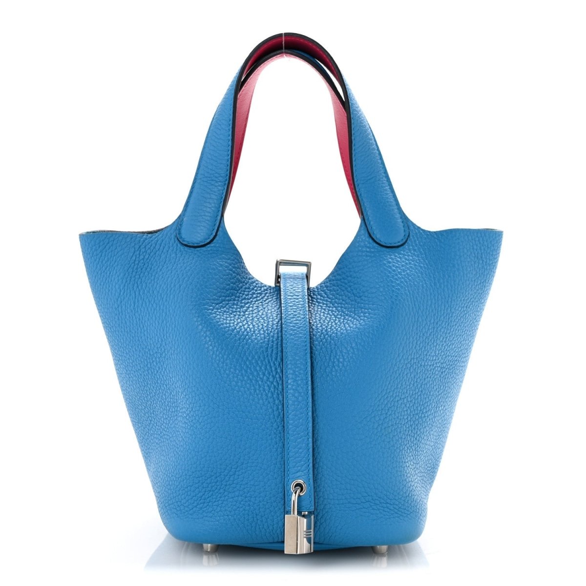 Picotin Lock 18 PM handbag in blue pebbled leather with top handles and front lock