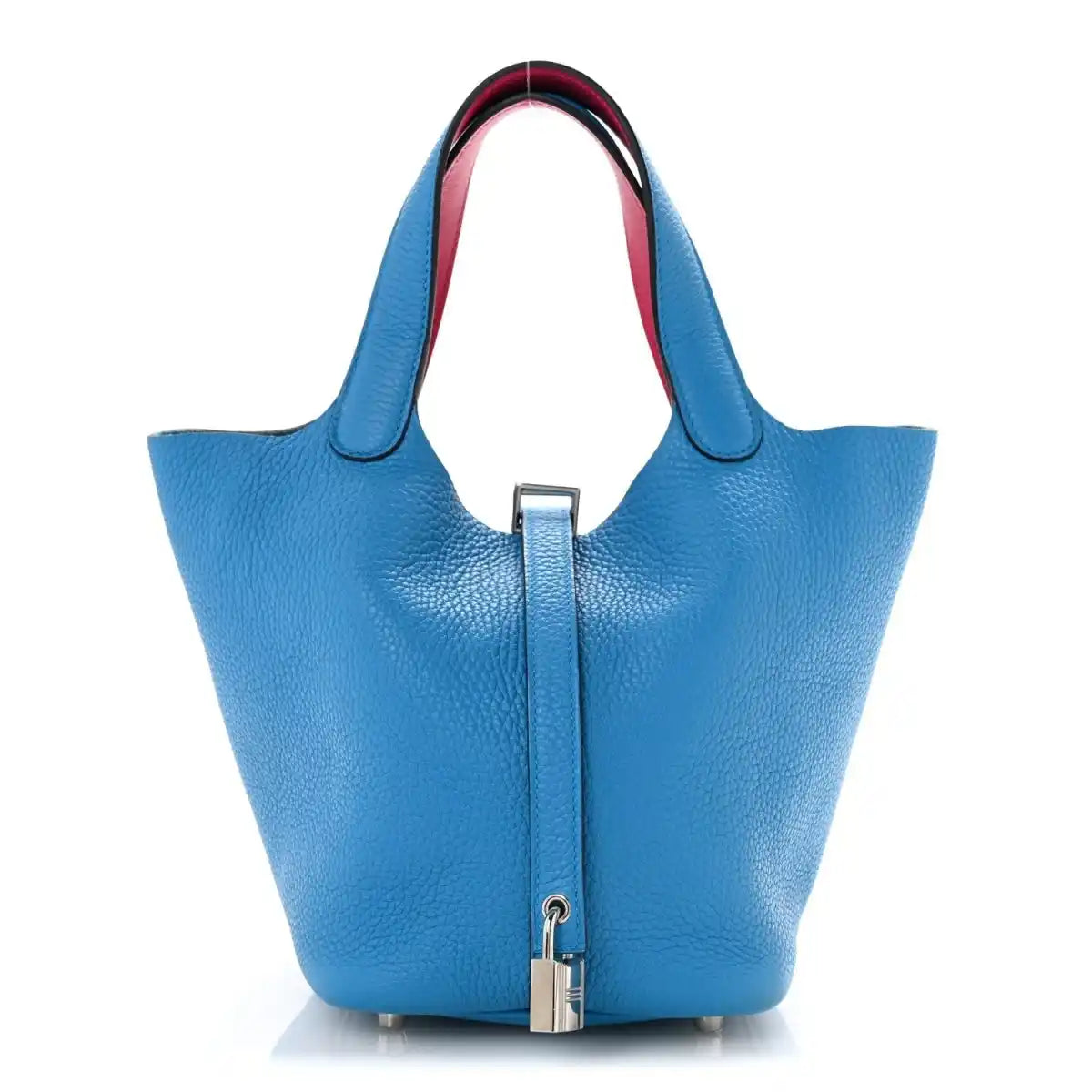 Picotin Lock 18 PM handbag in blue pebbled leather with top handles and front lock