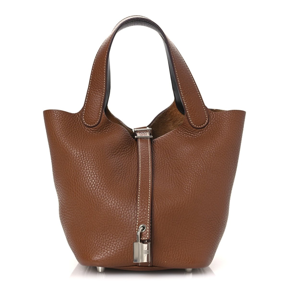 Brown leather tote bag with top handles and front lock detail, gold-tone hardware
