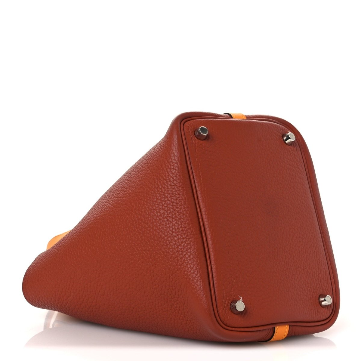 Copper-brown leather tote with adjustable top strap and silver hardware
