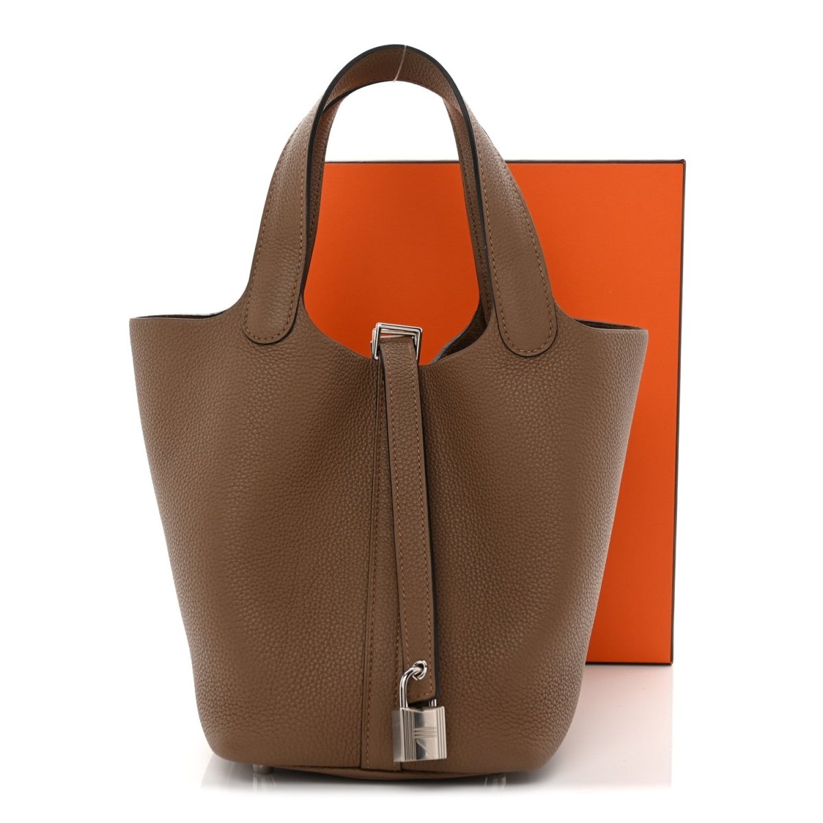 Beige textured bucket bag with two top handles and front lock clasp