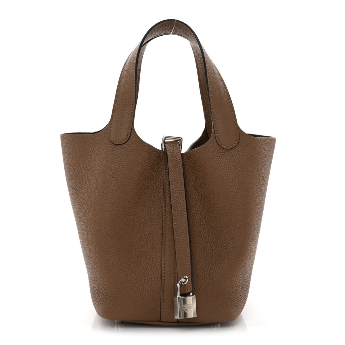 Beige leather bucket bag with two top handles and front lock hardware detail