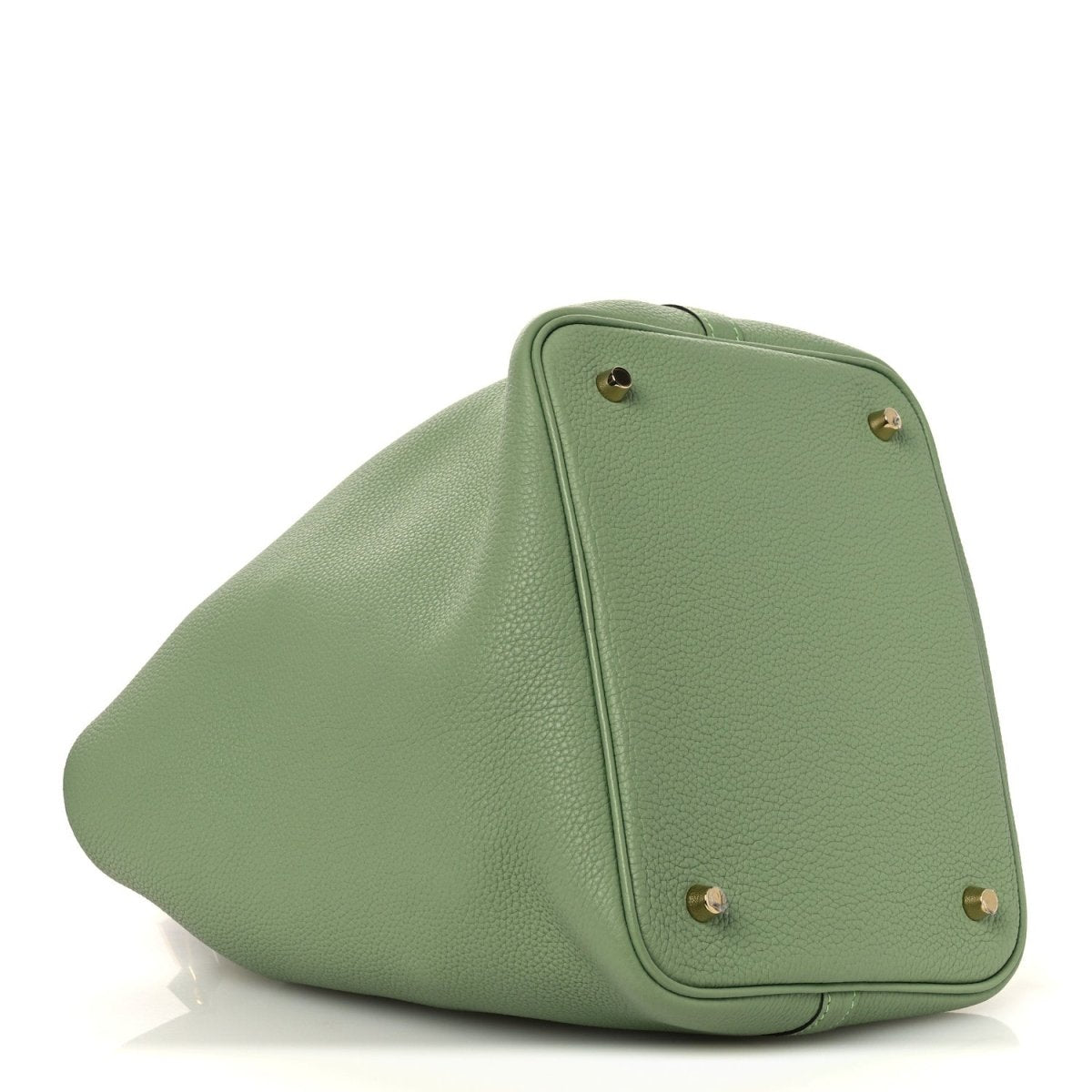 Green leather bucket bag with structured top panel and gold-tone hardware