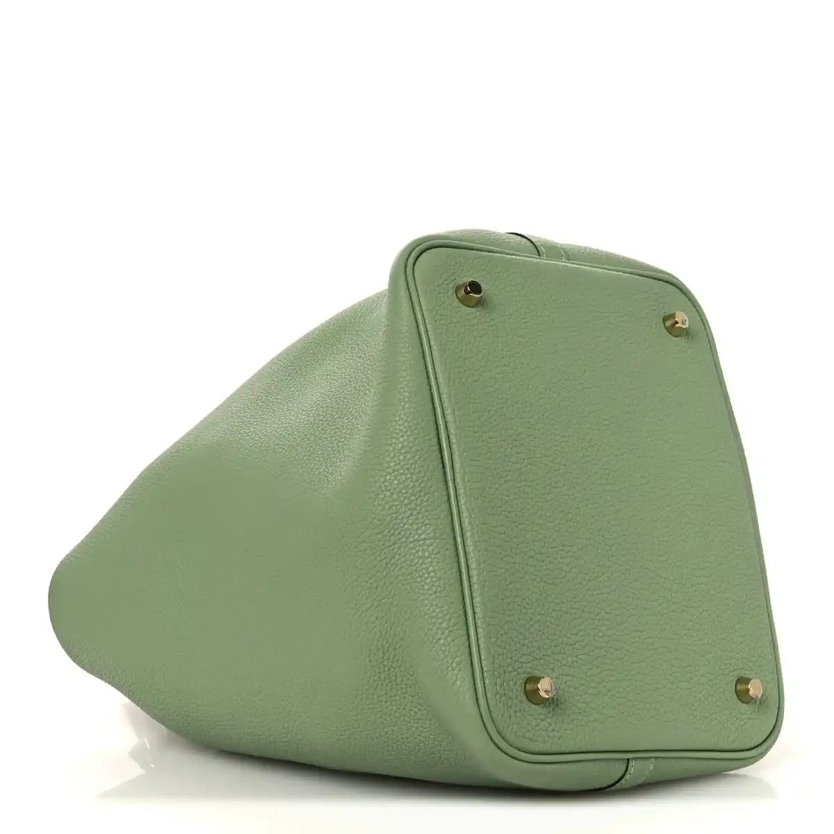 Green leather bucket bag with structured top panel and gold-tone hardware