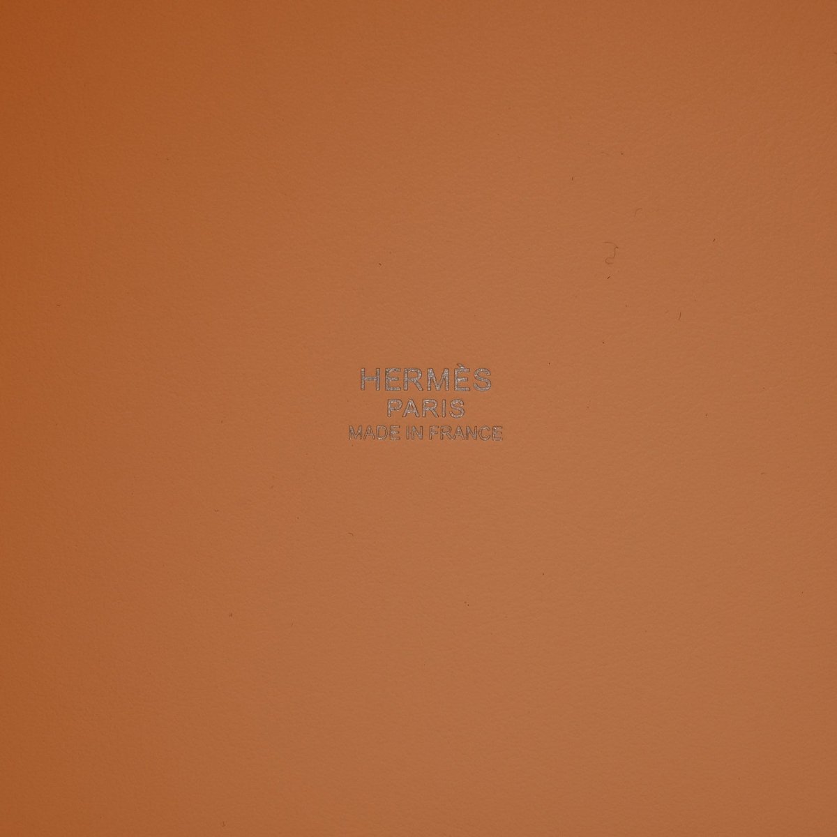 Orange leather interior panel with centered embossed logo